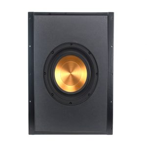 Black rectangular speaker enclosure with a copper-colored circular woofer in the center.
