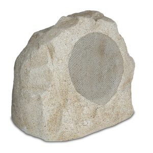 Rock-shaped speaker with circular metal mesh grill embedded in a beige stone exterior.