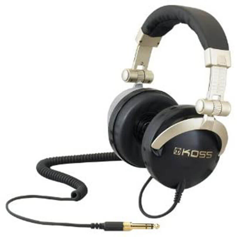 Koss Professional Headphones - Mv1 Koss over-ear headphones with black cushioned ear cups, metal headband, coiled cable, and gold 1/4-inch plug.