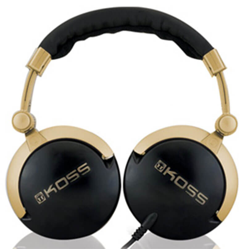 Koss Professional Headphones - Mv1 Koss over-ear headphones with gold metal frame, black ear cups, padded headband, and wired connection.