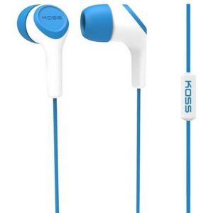 Koss white and blue in-ear headphones with blue cables and silicone ear tips.