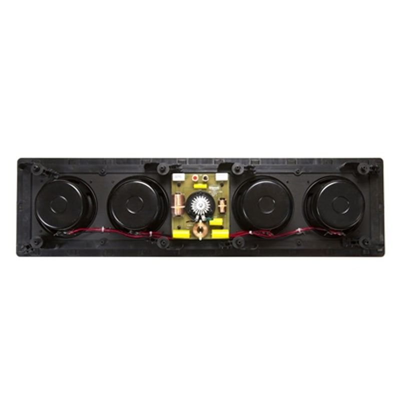 Klipsch Thx-504-L In-Wall Speaker Long rectangular speaker module with four circular drivers and a central yellow circuit board with copper coils.