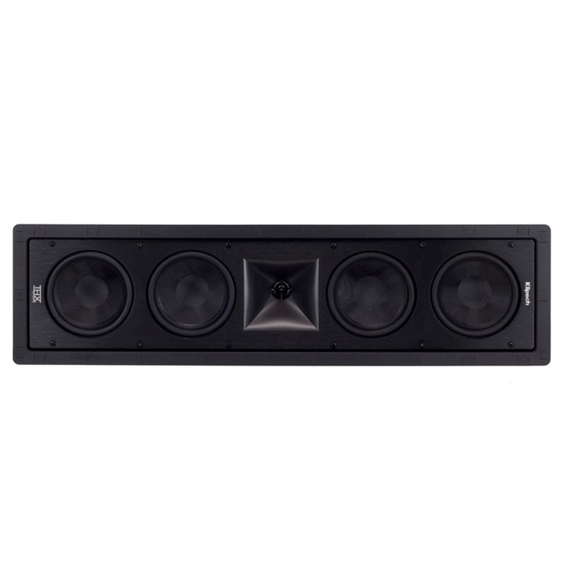 Klipsch Thx-504-L In-Wall Speaker Black in-wall speaker with five drivers: four round woofers and a central square horn tweeter.