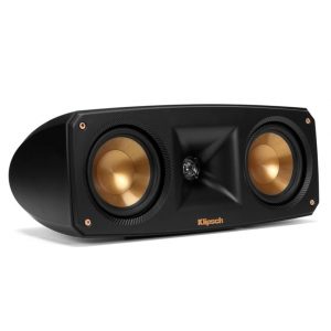Klipsch speaker with two copper-colored woofers and a central horn in a black cabinet.