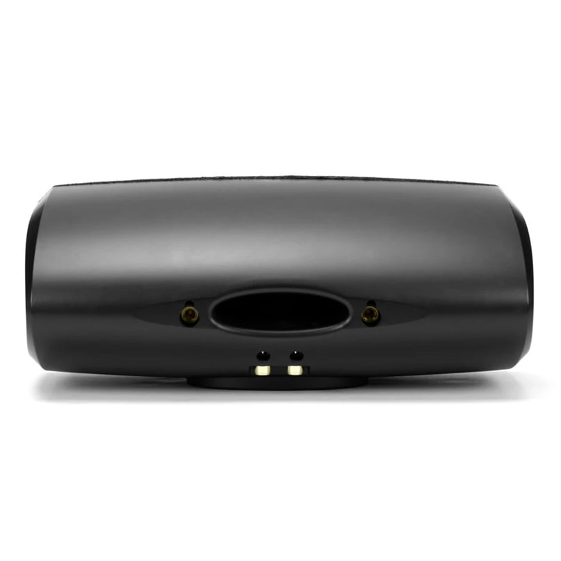 Klipsch Reference Quintet Center Black curved rectangular speaker with an oval front recess and small gold contact pins at the base.