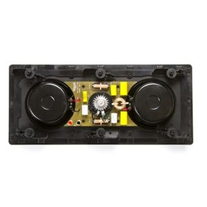 Internal view of a dual-driver speaker module with circuit board and inductors in a black housing.