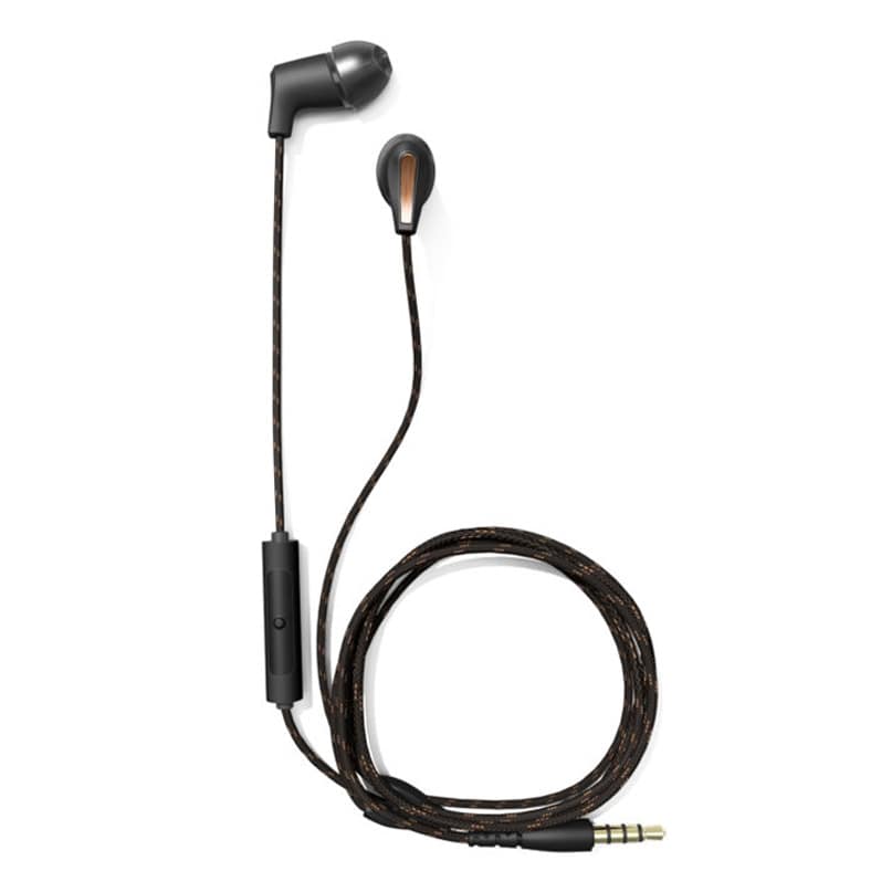 Klipsch T5 Wired Earphones - White Only In-ear wired headphones with a braided black-brown cable, inline remote, and a 3. 5mm audio jack.