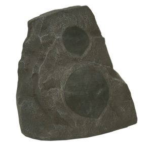 Rock-shaped outdoor speaker enclosure with two circular mesh-covered drivers.
