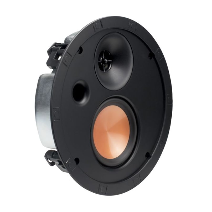 Klipsch Slm-5400-C In-Ceiling Speaker Each Round black in-ceiling speaker with copper-colored woofer and small tweeter, mounting hardware visible.