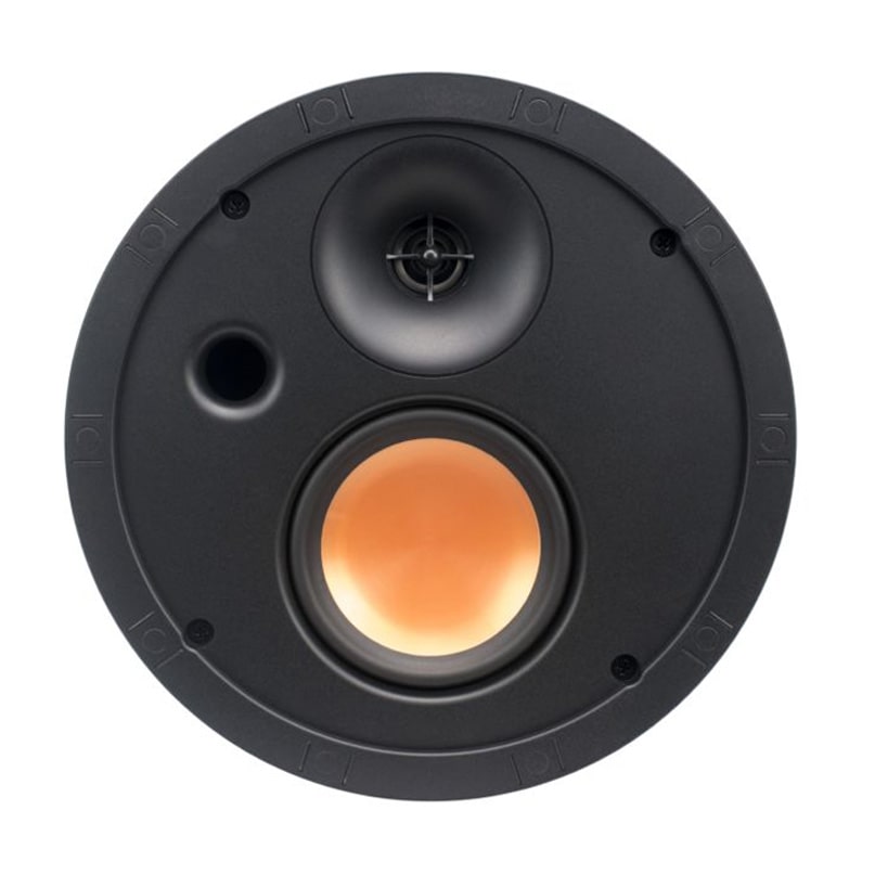 Klipsch Slm-5400-C In-Ceiling Speaker Each Round black in-ceiling speaker with a small tweeter and large orange woofer.