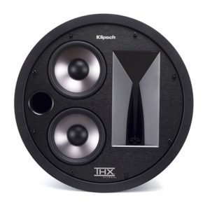 Klipsch THX Ultra2 round in-ceiling speaker with dual silver cone drivers and a rectangular horn.