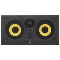 Black rectangular bookshelf speaker with two yellow cone woofers and a central tweeter.