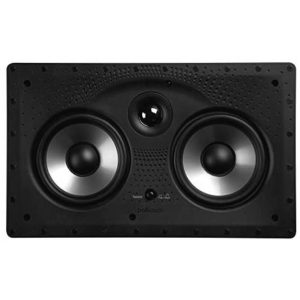 Polk Audio bookshelf speaker with two large silver-cone woofers and a central tweeter.