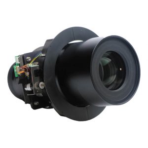 Industrial camera lens with motorized focus and exposed electronics.