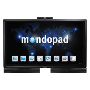 InFocus Mondopad interactive touchscreen display with world map wallpaper, app icons docked, and a top-mounted camera.
