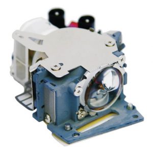 Projector lamp module with blue housing, metal mounting plate, and visible front lens.