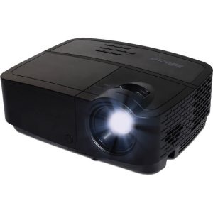 Black portable multimedia projector with front lens, side vents, and bright projected beam.