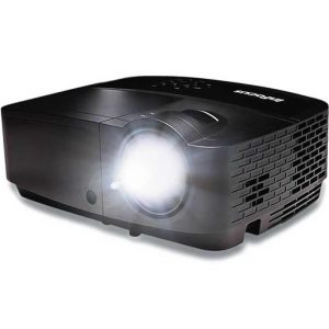 Black multimedia projector with front lens, top controls, and side ventilation grills.
