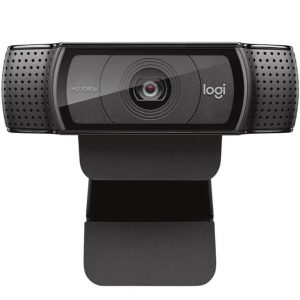 Logi HD 1080p webcam with centered lens, perforated sides, and an adjustable clip mount.