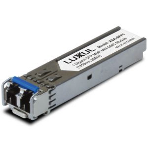 Luxul XSA-SFP 1-Gigabit SFP mini-GBIC fiber transceiver with metal housing and blue latch