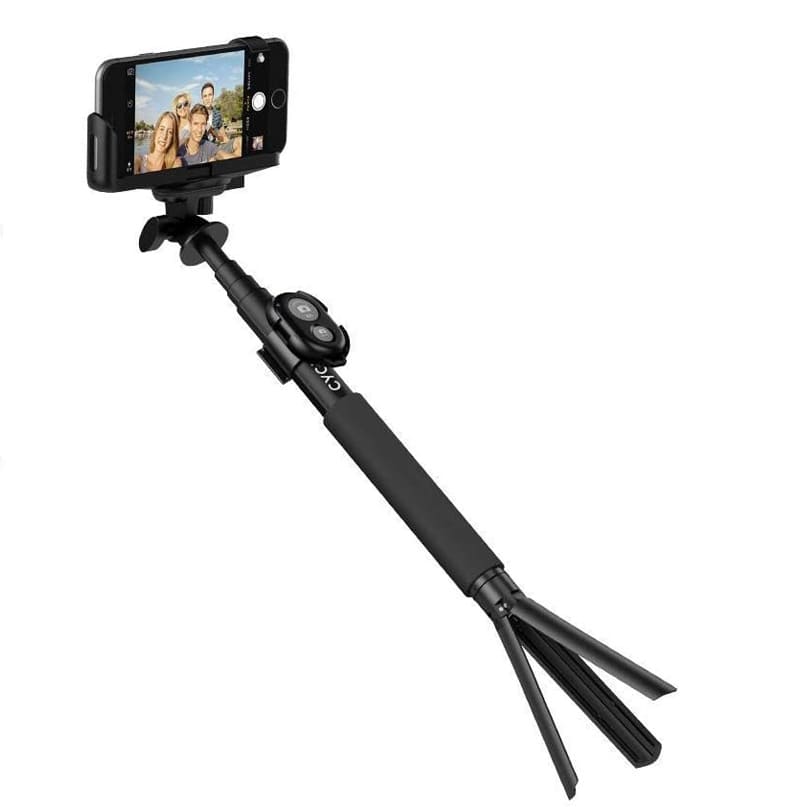 Cygnett Gostick Bluetooth Camera Selfie Stick &Amp; Tripod Selfie stick with smartphone mount, bluetooth remote, extendable pole, and fold-out tripod legs.