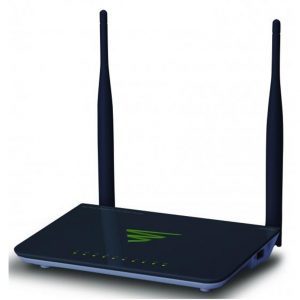 Wireless router with two external antennas, dark blue casing, green triangular logo, and LED indicators along the front.