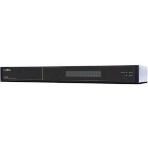 Luxul 1U rack-mount network switch with front-panel LED indicators and a green vertical stripe.