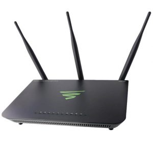 Black wireless router with three external antennas, a green logo on top, and front-edge LED indicators.