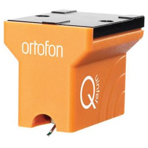 Ortofon Quintet Vinyl orange phono cartridge with black mounting plate and exposed wires.