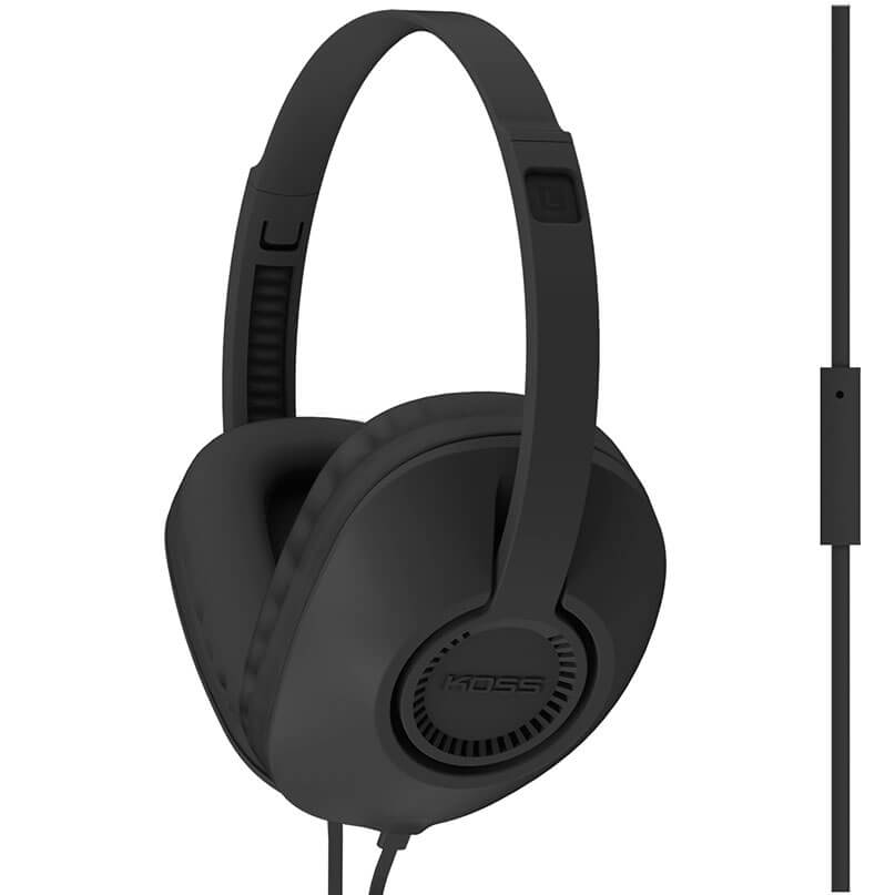 Koss Ur23I Over Ear Headphones Black bose over-ear wired headphones with cushioned earcups, adjustable headband, and inline cable.