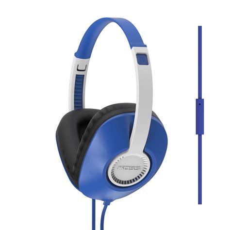 Koss Ur23I Over Ear Headphones Koss blue and white over-ear wired headphones with black padded ear cups and inline control