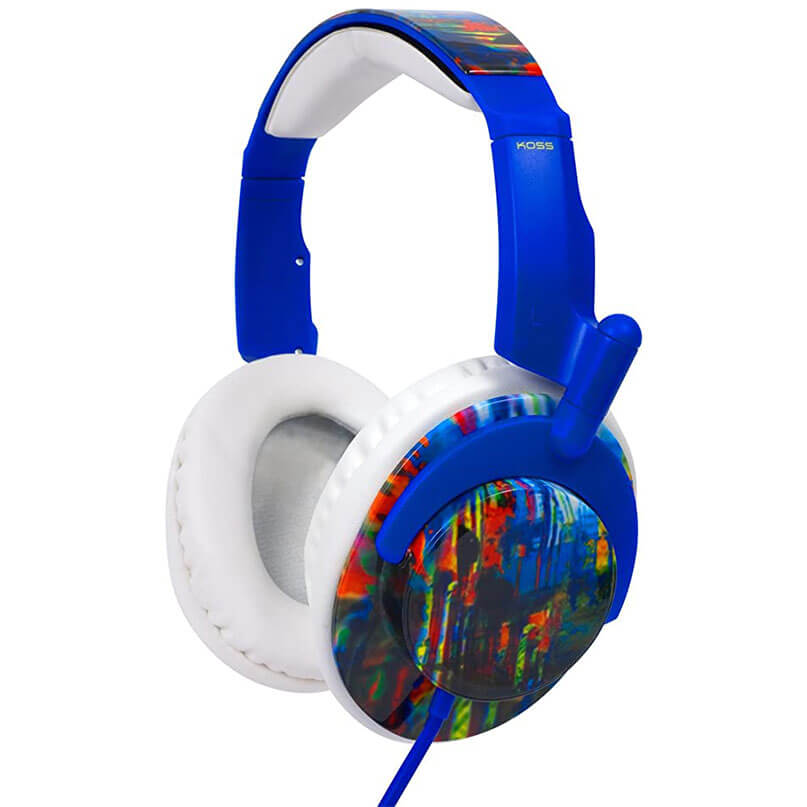 Koss over-ear headphones with blue headband and white cushions, multicolor marbled earcups.