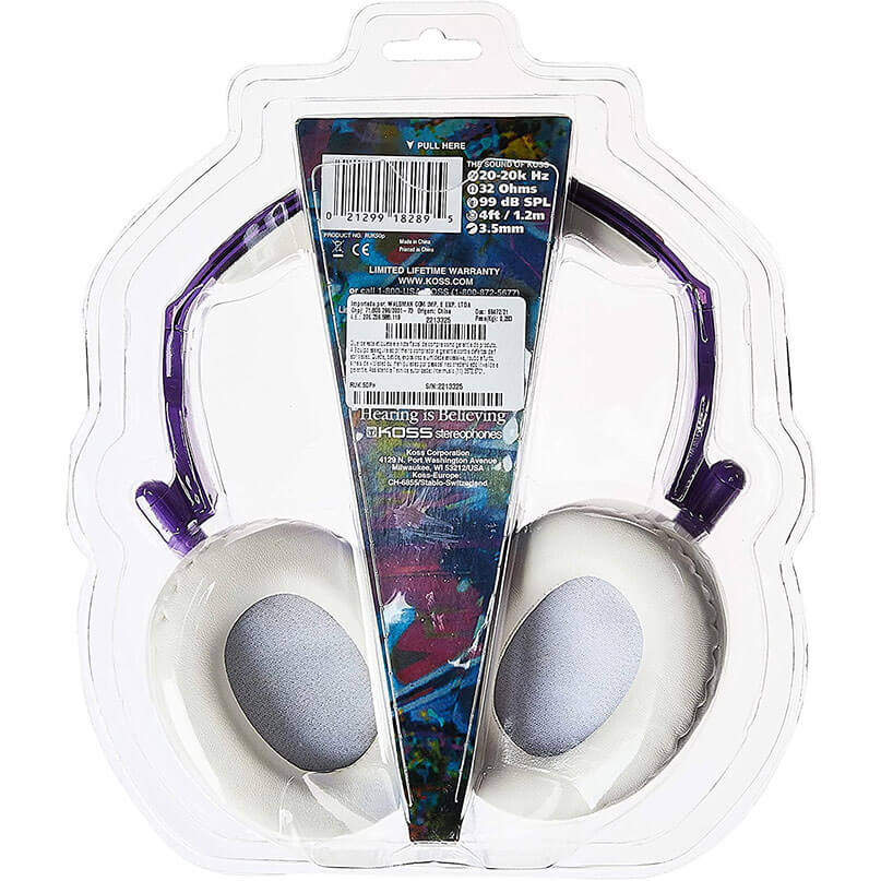 Koss stereo headphones with purple headband and white cushioned ear cups in clear packaging.