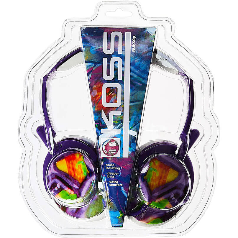 Purple over-ear headphones with multicolor cushions in clear plastic blister packaging.