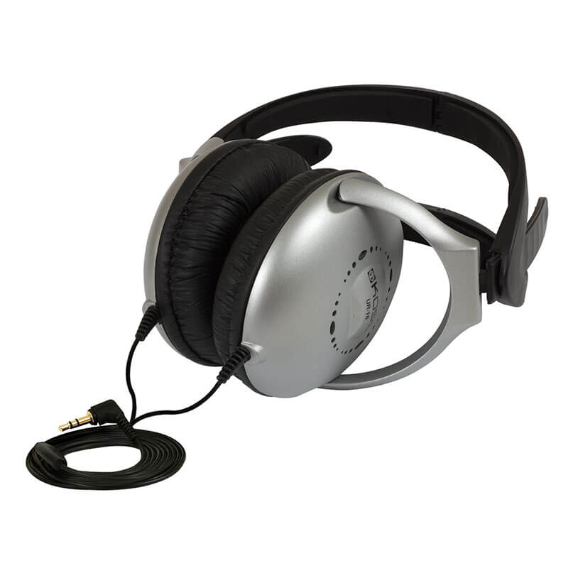 AKG wired over-ear headphones with silver cups, black cushioned headband, and coiled cable ending in a 3.5mm plug.