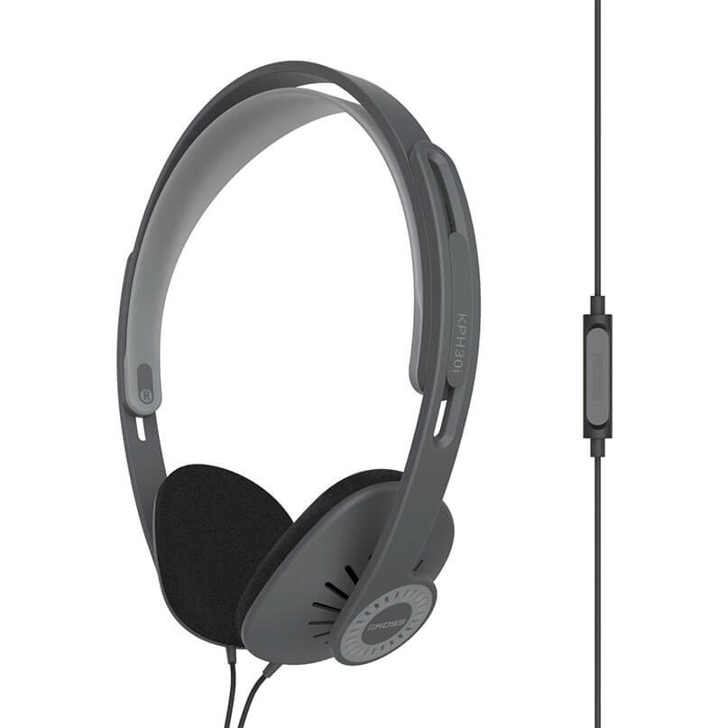 Koss over-ear headphones with gray headband, cushioned ear cups, and inline remote on the cord.