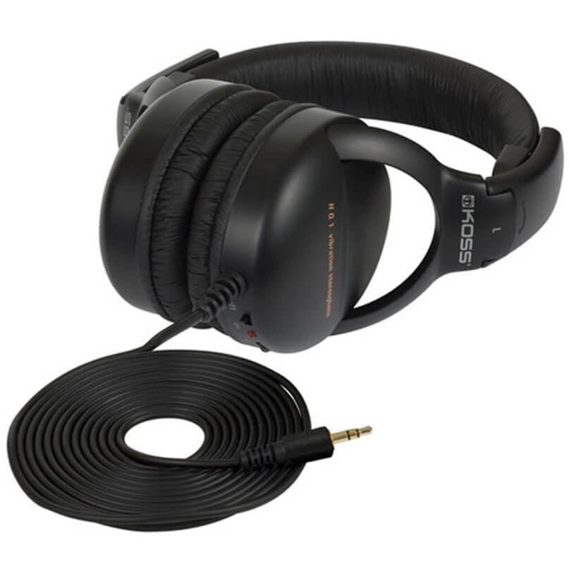 Koss Full Size Gaming Headphones - Hq1 Black koss over-ear headphones with cushioned ear pads, adjustable headband, and coiled 3. 5mm audio cable.