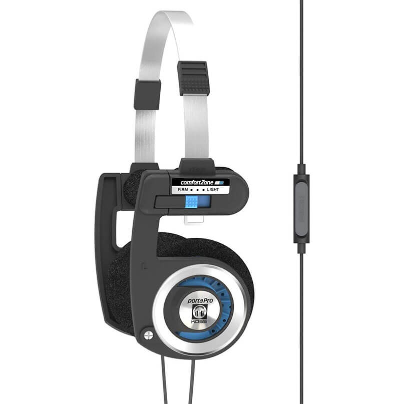 Koss Porta Pro With Mic On Ear Headphones Koss portapro headphones with a metal headband, blue-ring circular ear cups, and an inline control on the cable.