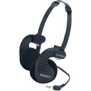 KOSS Sportapro on-ear headphones with black cushioned ear cups and adjustable headband, 3.5mm plug.