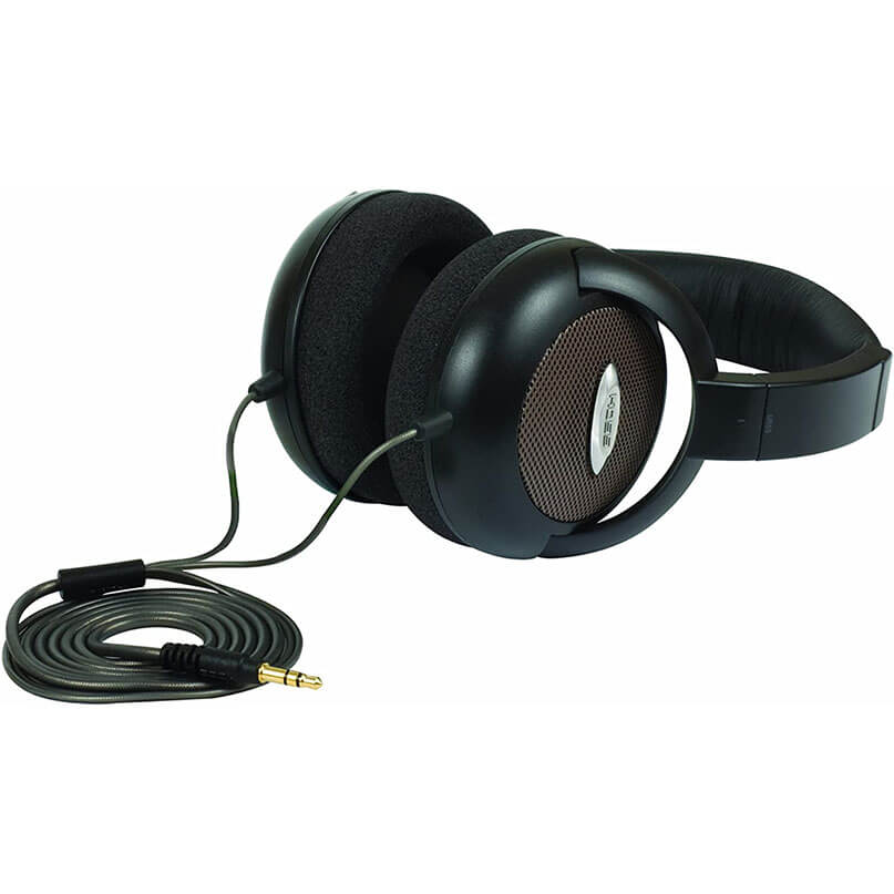 Koss Full Size Headphones - Ur55 Over-ear black headphones with ear cushions and brown mesh grille on the cups, connected to a coiled 3. 5mm cable.