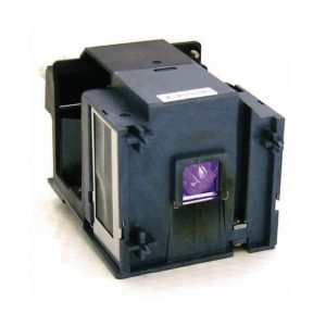 Projector lamp replacement module with black housing and purple bulb visible at the front.