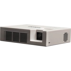 White compact projector with recessed front lens and side air vents.