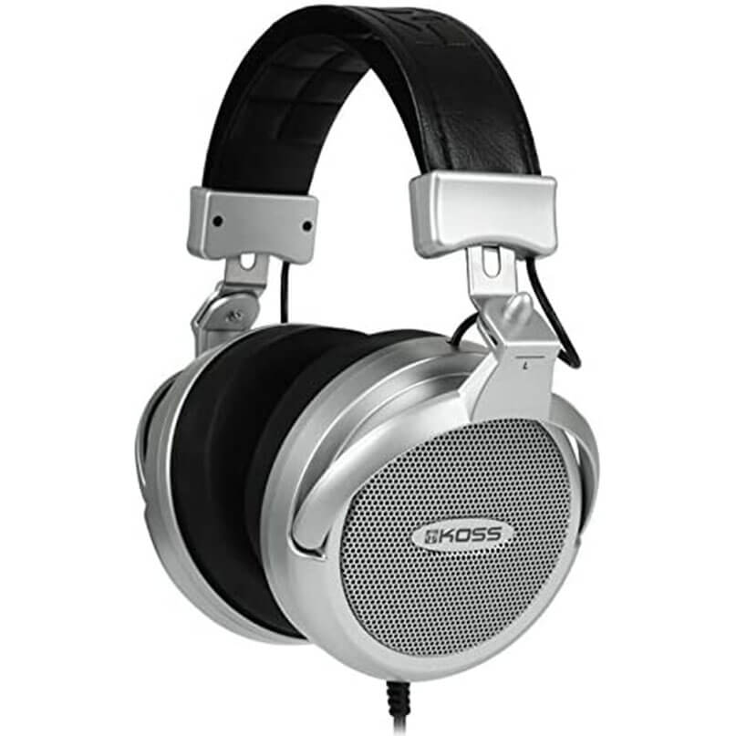 Koss Full Size Headphones - Pro4Aaat Koss over-ear headphones with silver circular perforated ear cups, black padding, and a metal headband.