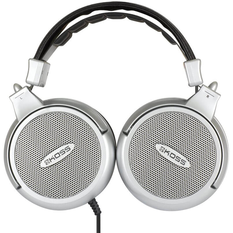 Koss Full Size Headphones - Pro4Aaat Koss over-ear headphones with silver circular perforated grills, black headband, and l/r markers.