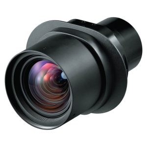 Black camera lens with a large front element, matte finish, and subtle metallic ring.