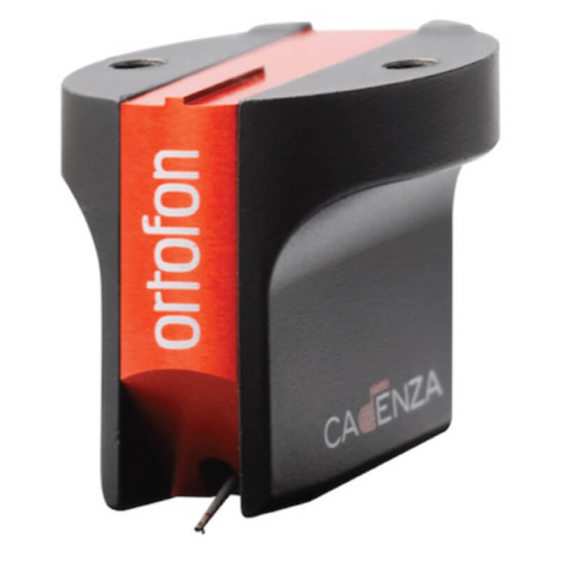 Ortofon Caenza cartridge in black housing with red inner plate and mounting holes.