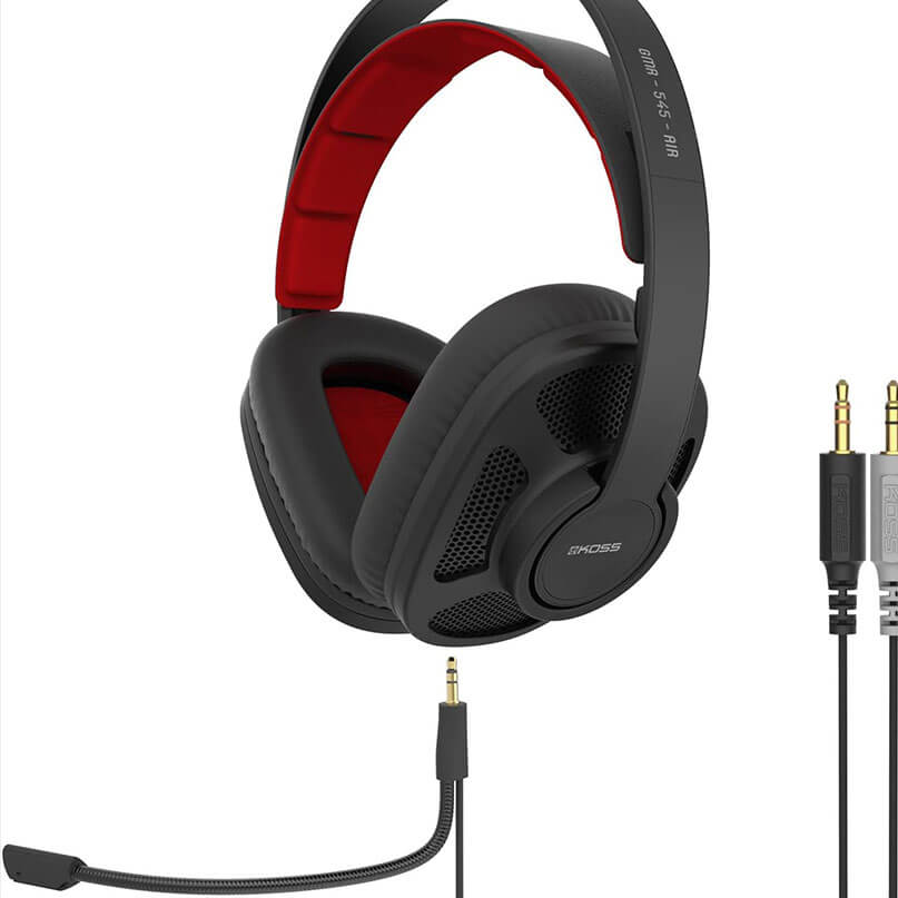 Koss Gmr-540-Iso Headsets Over-ear gaming headset with red interior cushions, black perforated ear cups, adjustable headband, and attached microphone.