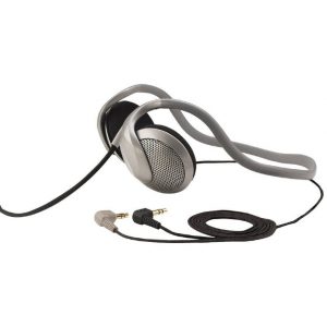 Over-ear headphones with silver perforated metal earcups and a detachable braided cable with 3.5mm connectors.