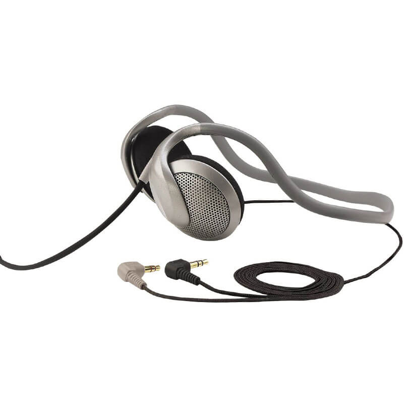 Koss Cs80 Communication Headsets Over-ear headphones with silver perforated metal earcups and a detachable braided cable with 3. 5mm connectors.