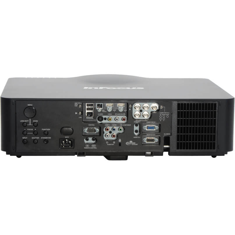 Infocus In5135 Installation Projector Infocus projector rear panel with multiple input ports (hdmi, vga, usb) and a large cooling vent.
